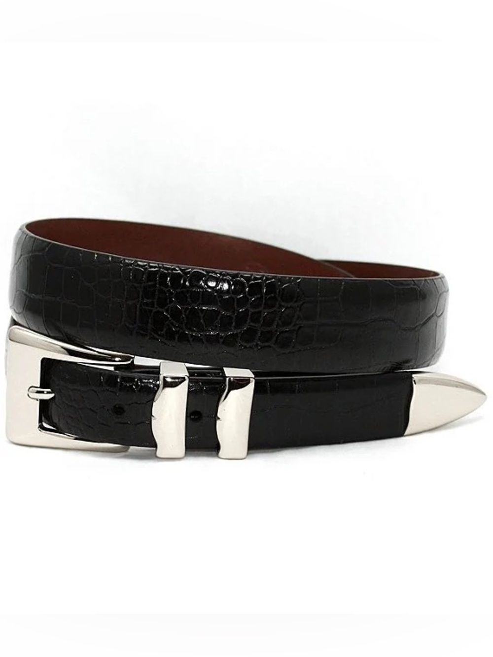 Paul Frederick Made in Italy Black Croc-Embossed Leather Belt Silver Hardware 48